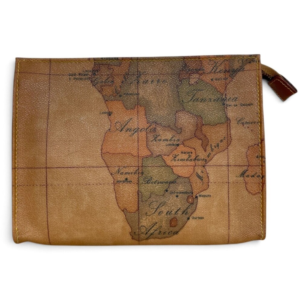 Alviero Martini 1A Classe Zip Pouch Bag Beige Tan World Map Geo Vintage Italy